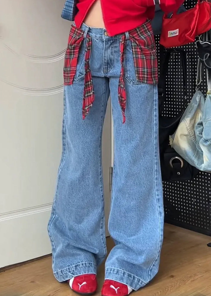 Blue Pockets False Two Pieces Patchwork Denim Pants Fall