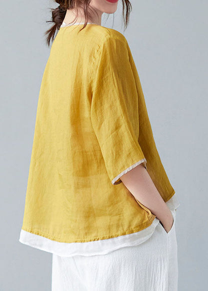 French Yellow V Neck Asymmetrical Design Shirt Spring