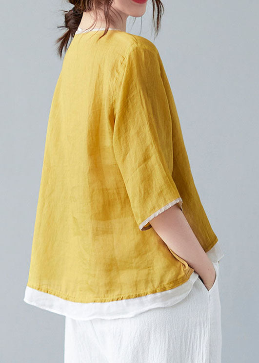 French Yellow V Neck Asymmetrical Design Shirt Spring