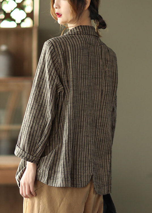 Light Button Pockets V Neck Striped Coats Long Sleeve Fall