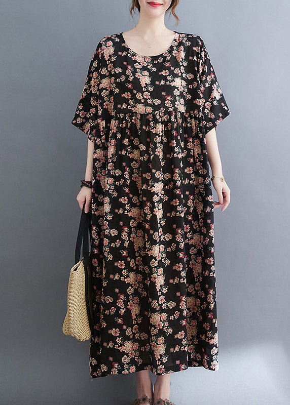 Black O-neck Print Pockets Extra Large Hem Long Dress Summer