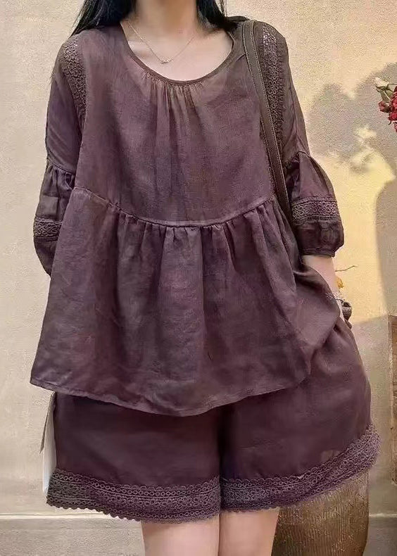 Loose Black O Neck Pockets Cotton Two Piece Set Half Sleeve