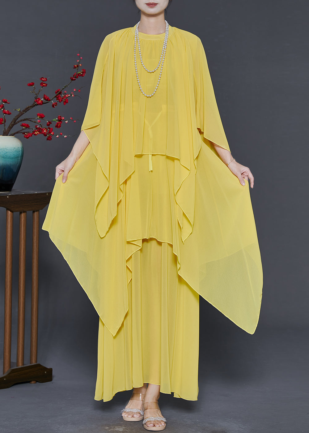 Yellow Chiffon Long Dresses Asymmetrical Design Summer