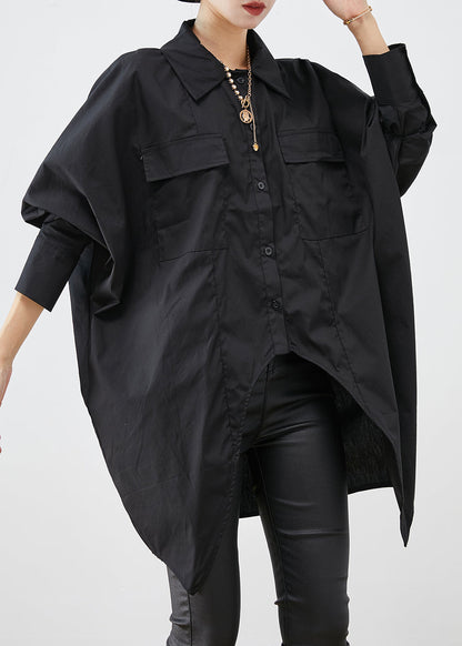Black Oversized Low High Design Cotton Shirts Fall