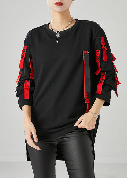 Unique Black Oversized Applique Cotton Pullover Fall