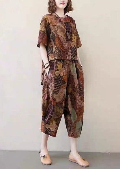 Chocolate O-neck Asymmetrical Design Print Cotton Two Pieces Set Summer