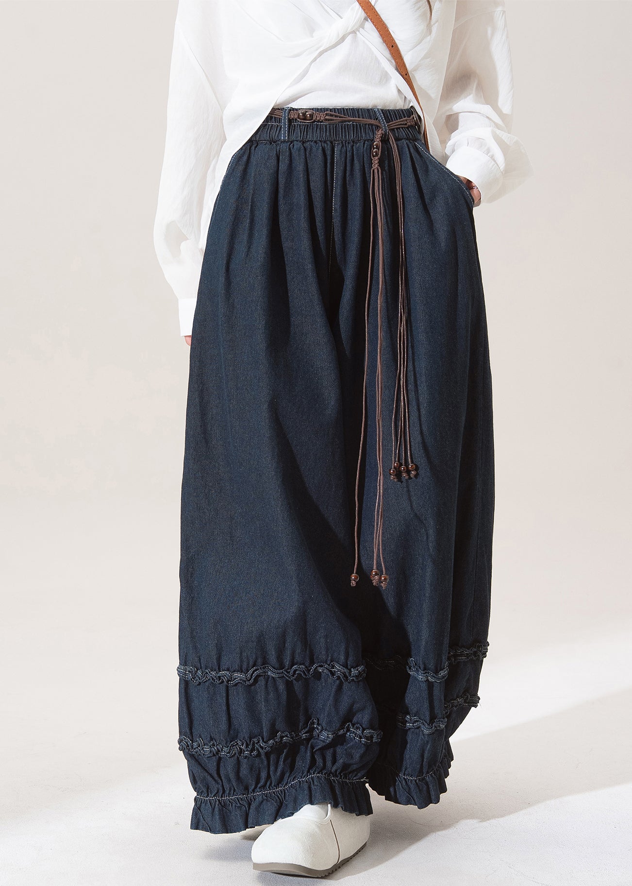 Dark Blue Dark Ruffled Pockets Lantern Jeans Spring