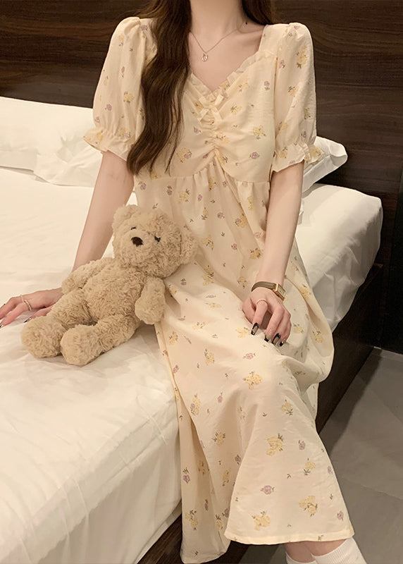Apricot Print Ruffled Cotton Pajamas Dress V Neck Summer