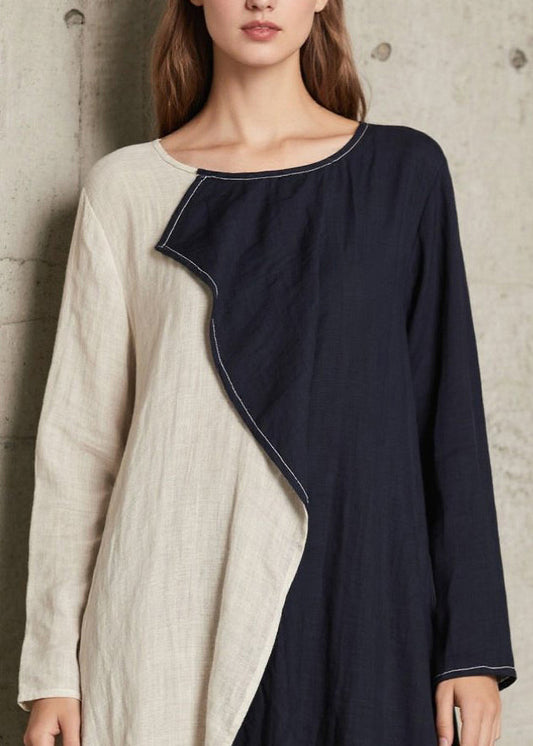 Navy Asymmetrical Patchwork Cotton a Line Dress Spring