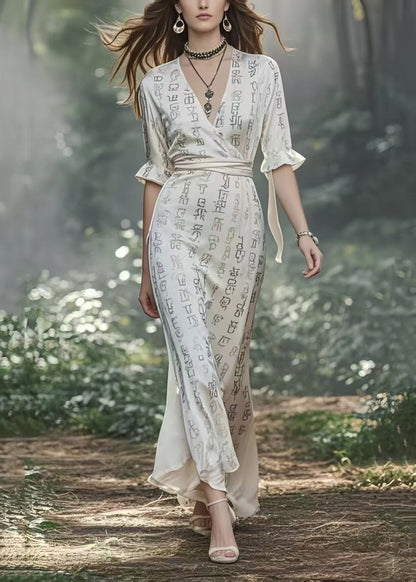 White Print Draping Silk Long Dresses Cinched Half Sleeve