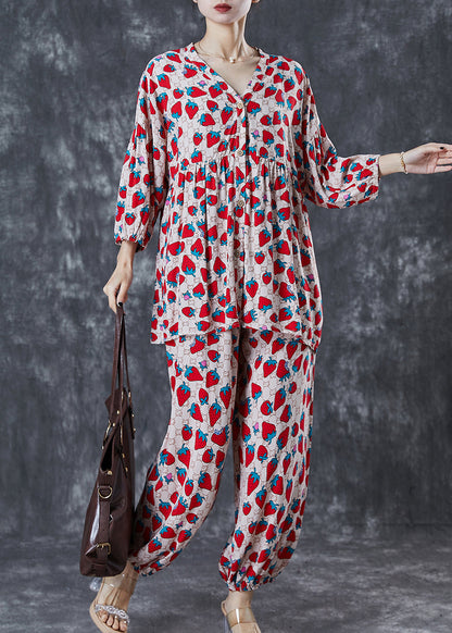 Khaki Oversized Strawberry Print Cotton Two Pieces Set Summer