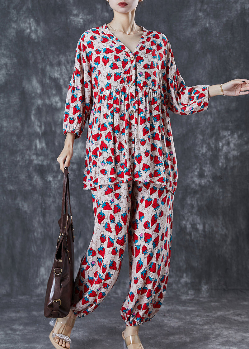Khaki Oversized Strawberry Print Cotton Two Pieces Set Summer