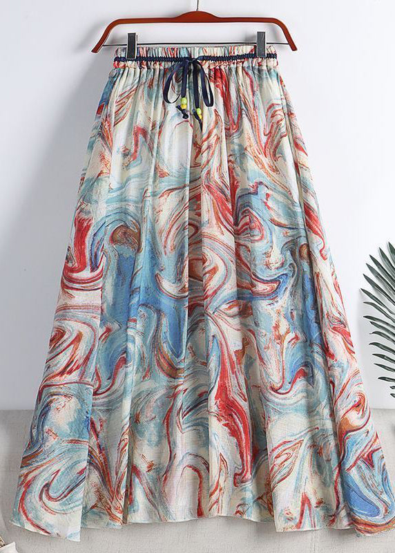 Green Print Elastic Waist Tie Waist Chiffon a Line Skirt Summer