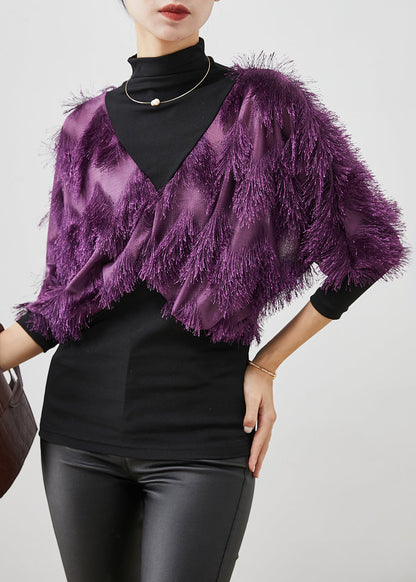 Purple Tasseled Patchwork Cotton Shirt Top Winter