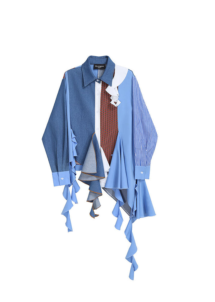 Unique Blue Asymmetrical Design Peter Pan Collar Patchwork Shirts Spring