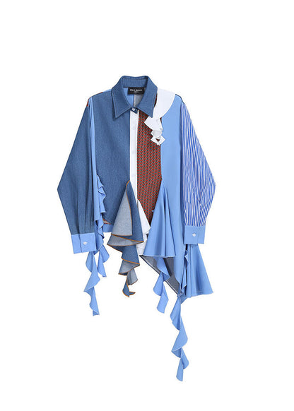Unique Blue Asymmetrical Design Peter Pan Collar Patchwork Shirts Spring