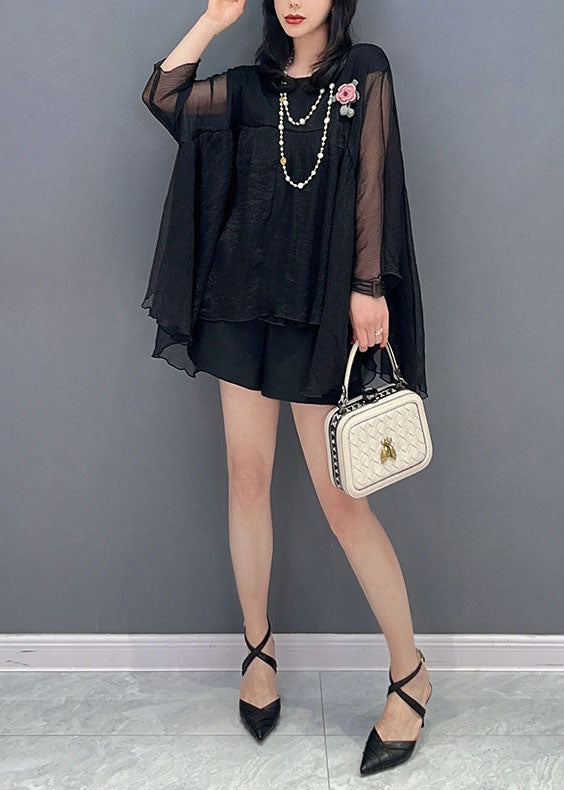 Black O Neck Wrinkled Patchwork Tulle Top Spring
