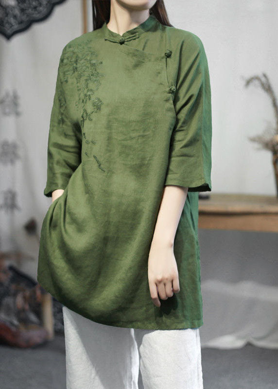 Green Stand Collar Embroideried Linen Tops Half Sleeve