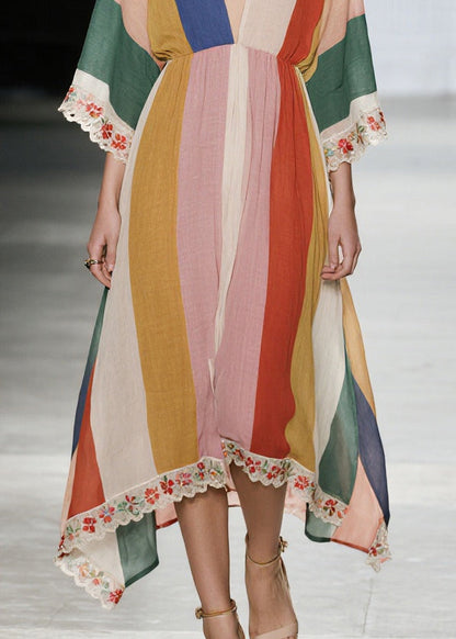 Unique Multicolored V Neck Lace Patchwork Cotton Dresses Summer