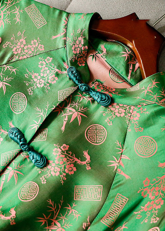 Green Stand Collar Button Print Silk Shirt Tops Long Sleeve