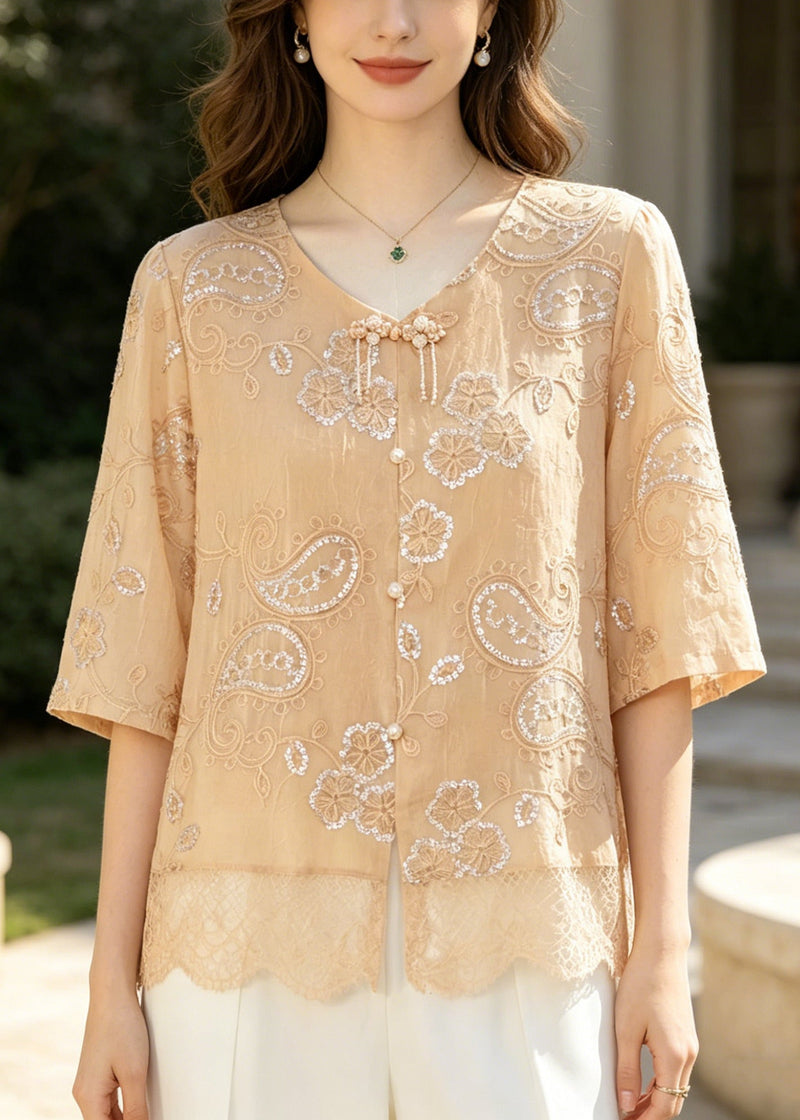 Khaki Embroidered Patchwork Lace Tops Summer