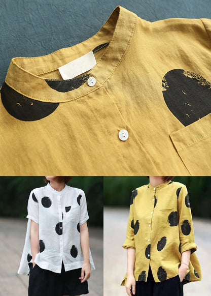 Red Dot Print Patchwork Linen Top Button Stand Collar Summer