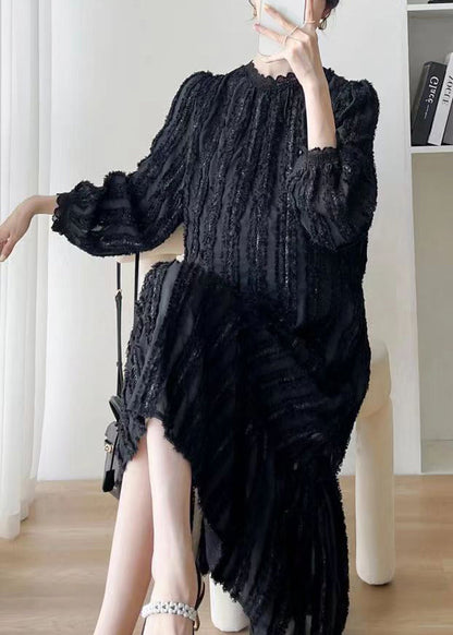 Black Stand Collar Wrinkledpatchwork Lace Dress Fall