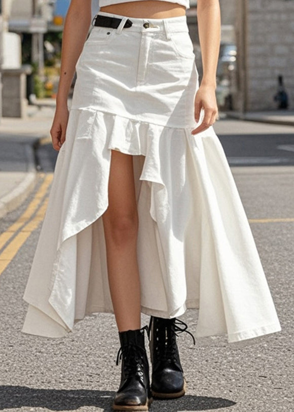 White Ruffled Low High Design Denim Skirts Spring