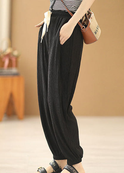 Black Elastic Waist Drawstring Pockets Beam Pants Summer