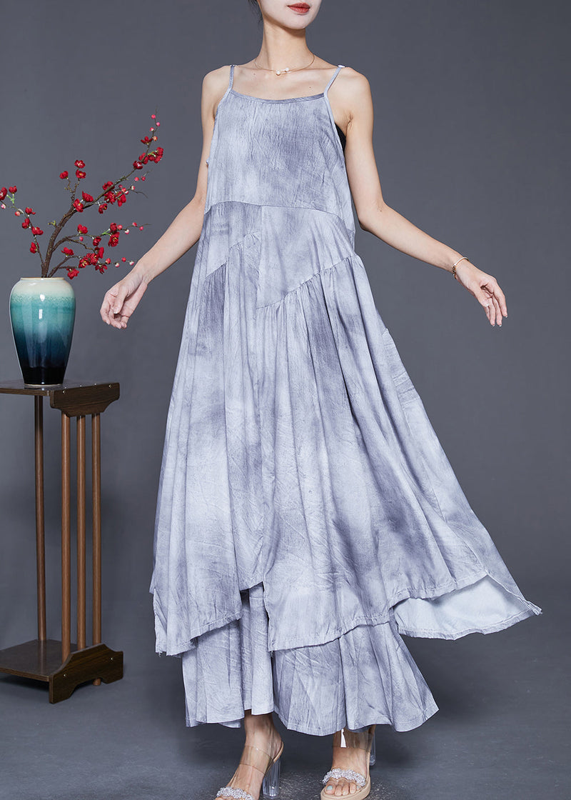 Diy Grey Asymmetrical Tie Dye Linen Spaghetti Strap Dress Summer