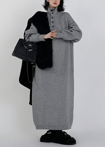 Grey Hign Neck Button Long Knit Sweaters Dress Winter