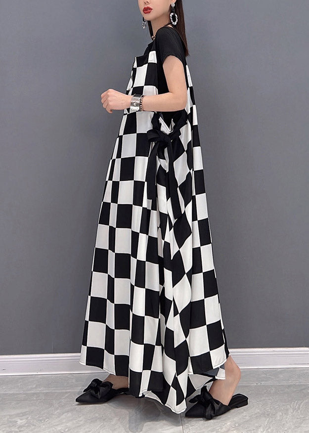 Unique White O-neck Plaid Button Pockets Wrinkled Long Dresses Short Sleeve