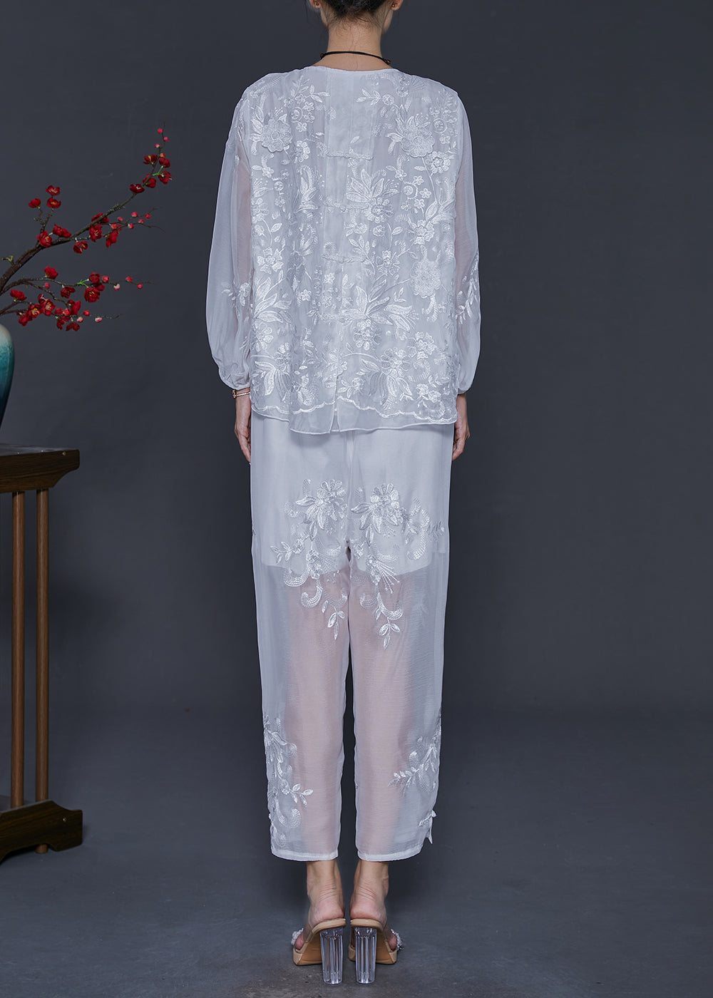 White Embroidered Silk Sets 2 Pieces Summer