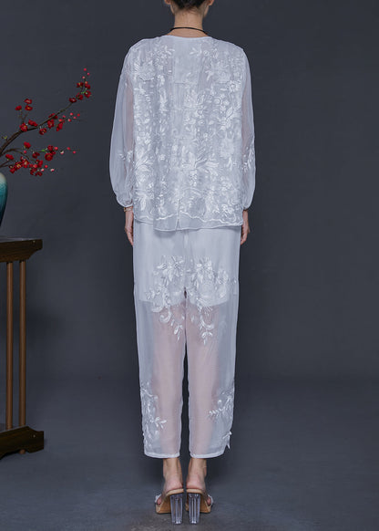White Embroidered Silk Sets 2 Pieces Summer
