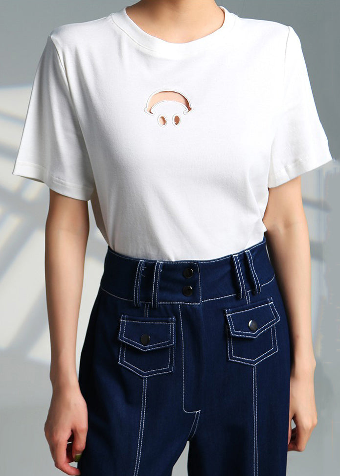 White O Neck Hollow Out Cotton T Shirts Summer