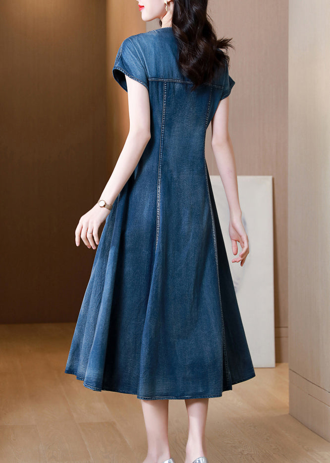 New Blue V Neck Embroideried Patchwork Denim Dress Summer