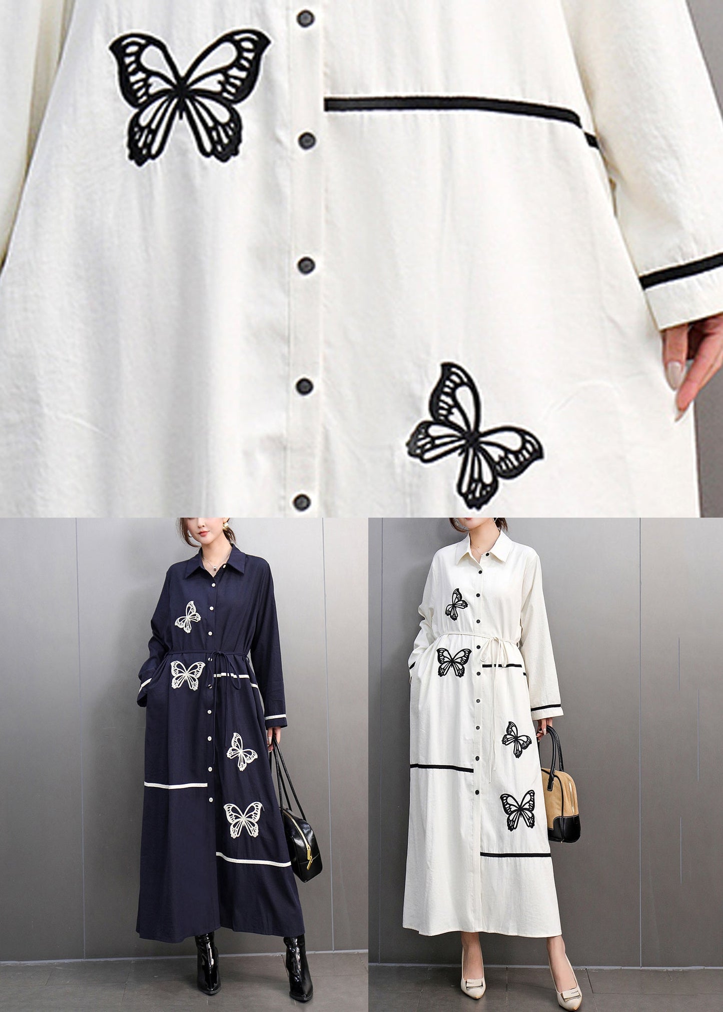 Black Peter Pan Collar Print Long Dress Spring