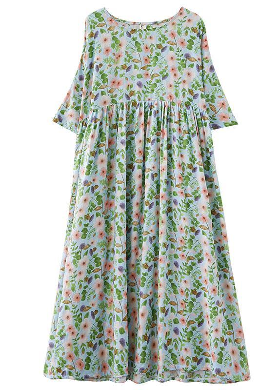 Light Green O-neck Patchwork Print Summer Dress Half Sleeve