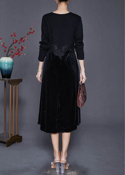 Black V Neck Patchwork Silk Velour Maxi Dresses Fall