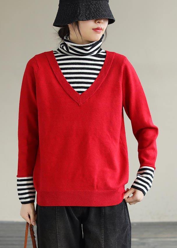 Cozy Spring Red Sweaters Patchwork High Neck Blouse