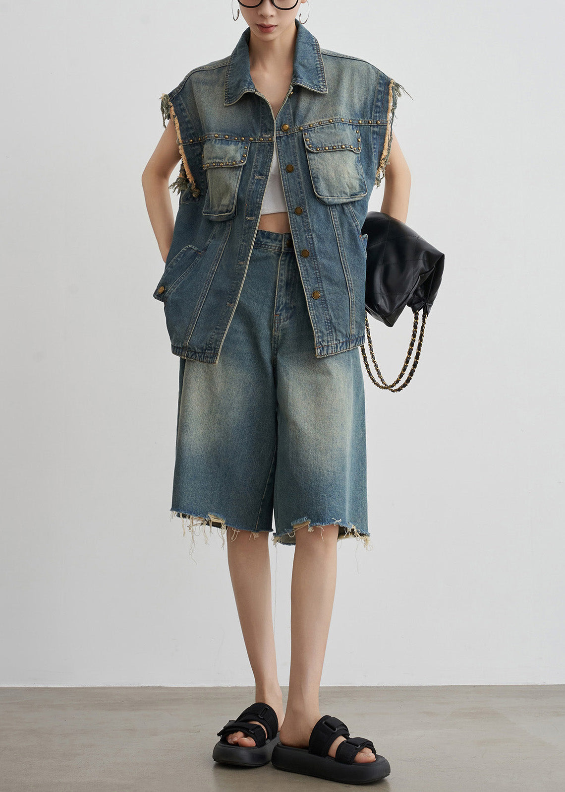 Blue Nail Bead Button Denim Two-piece Set Summer