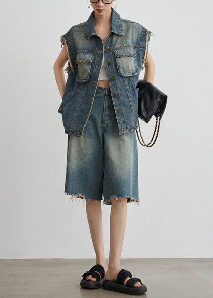 Blue Nail Bead Button Denim Two-piece Set Summer