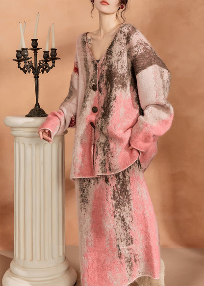 New Print Sweater Cardigan and Skirt Knitted Set for Autumn