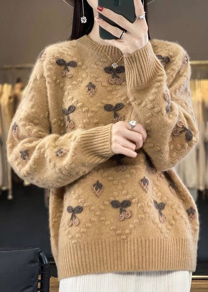 Beige O Neck Cozy Cotton Knit Sweaters Long Sleeve