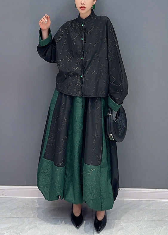 Black Green Stand Collar Tasseled Patchwork Cotton Two Piece Set Fall