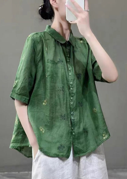 Green Peter Pan Collar Embroideried Patchwork Cotton Shirts Top Summer