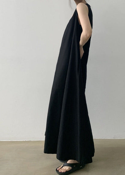 Black O-neck Cotton Robe Dresses Sleeveless