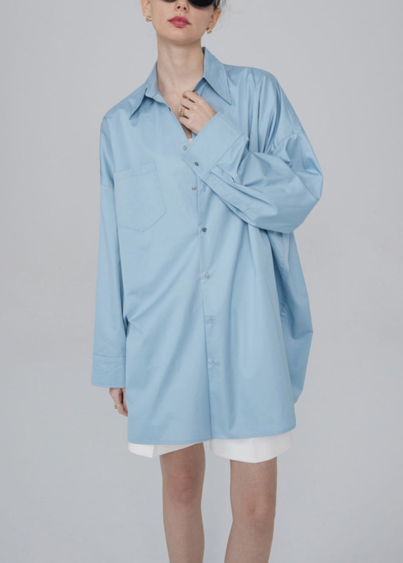 Blue Button Pockets Patchwork Cotton Blouses Fall