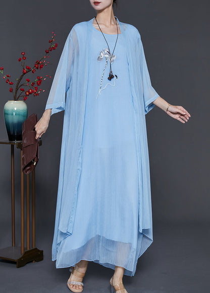 Sky Blue Chiffon Two Piece Set Clothing Embroidered Summer