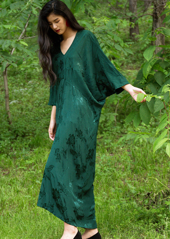 Green V Neck Jacquard Silk Robe Dresses Batwing Sleeve